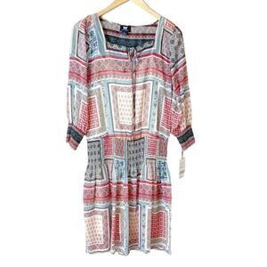 WORTH Smocked Dress Georgette Patchwork Paisley Ivory Rose 3/4 Sleeve 12